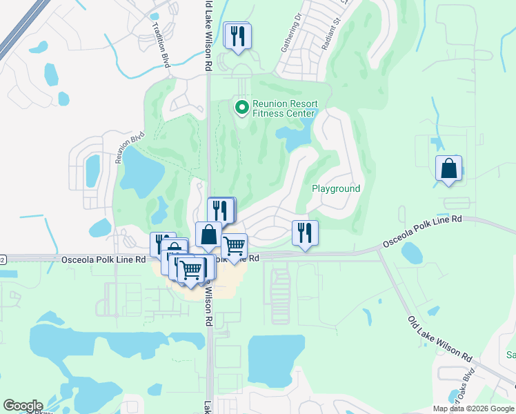 map of restaurants, bars, coffee shops, grocery stores, and more near 7431 Excitement Drive in Osceola County