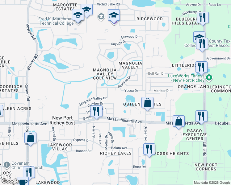 map of restaurants, bars, coffee shops, grocery stores, and more near 7235 Redbud Court in New Port Richey