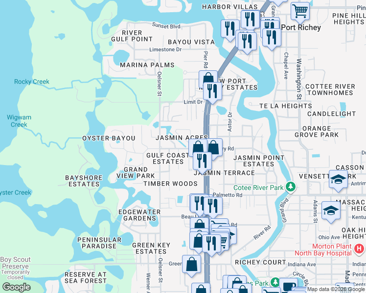 map of restaurants, bars, coffee shops, grocery stores, and more near 7374 Royal Palm Drive in Port Richey