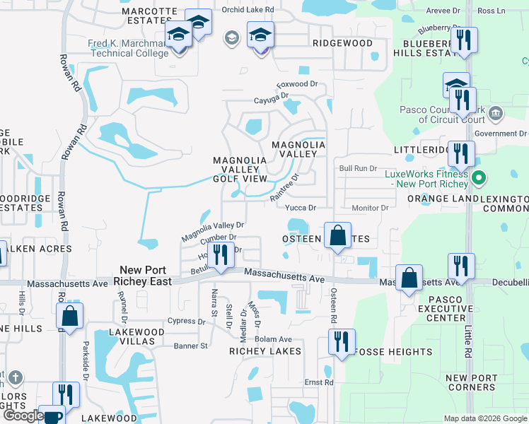 map of restaurants, bars, coffee shops, grocery stores, and more near 7245 Redbud Court in New Port Richey