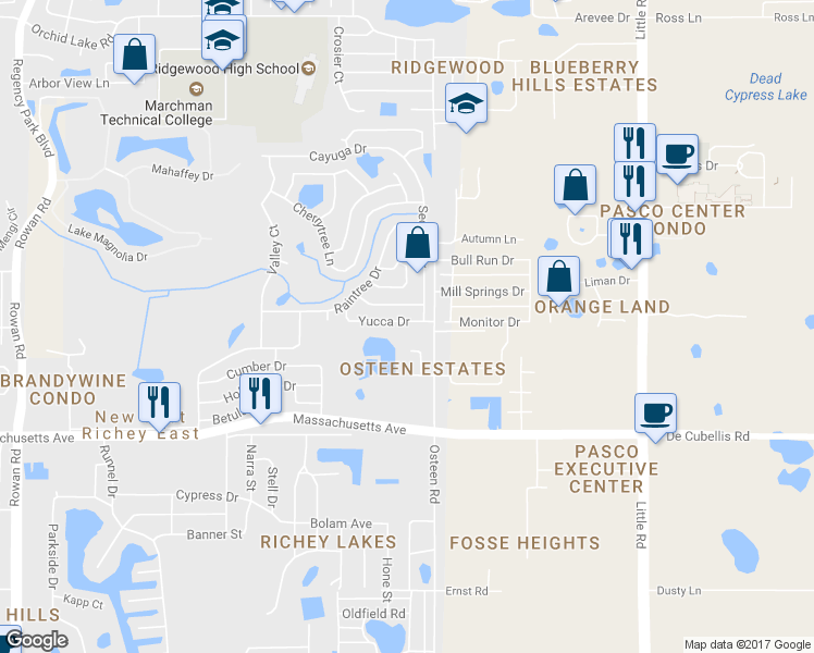 map of restaurants, bars, coffee shops, grocery stores, and more near 7916 Yucca Drive in New Port Richey