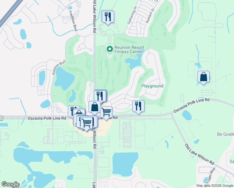 map of restaurants, bars, coffee shops, grocery stores, and more near 7431 Excitement Drive in Osceola County
