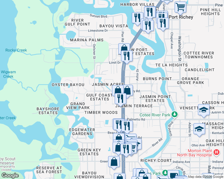 map of restaurants, bars, coffee shops, grocery stores, and more near 7235 Royal Palm Drive in New Port Richey