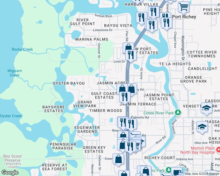 map of restaurants, bars, coffee shops, grocery stores, and more near 5029 Osprey Lane in Port Richey