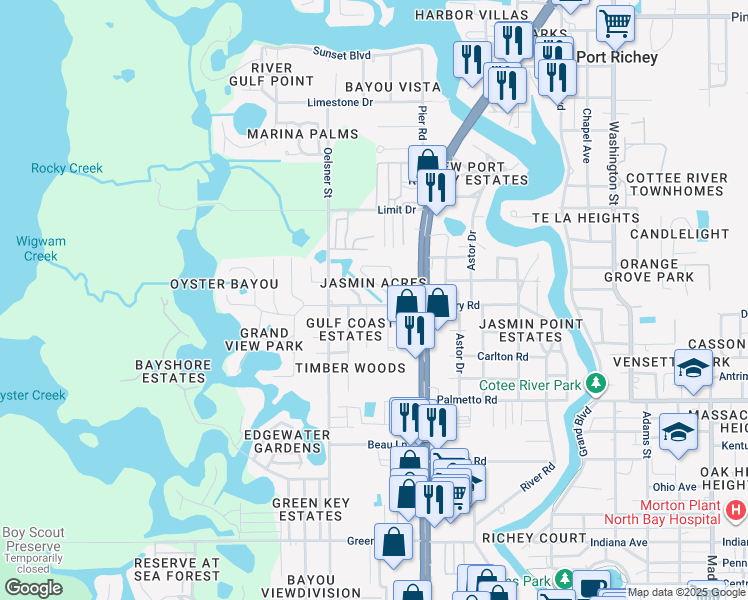 map of restaurants, bars, coffee shops, grocery stores, and more near 5113 Avery Road in New Port Richey