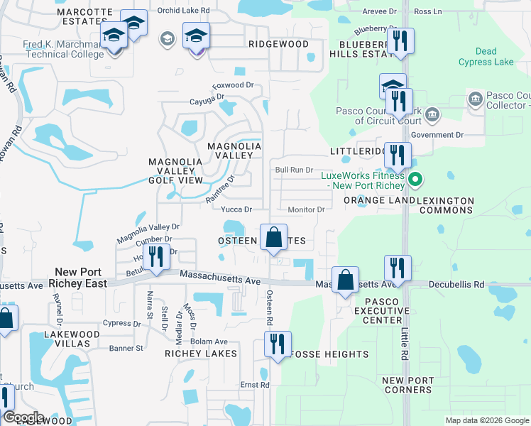 map of restaurants, bars, coffee shops, grocery stores, and more near 7252 Sequoia Drive in New Port Richey