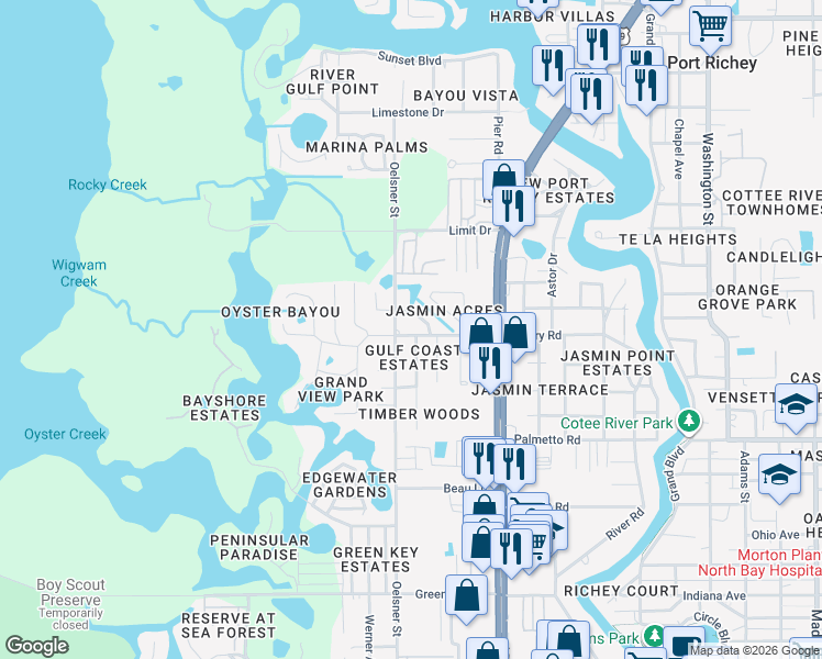 map of restaurants, bars, coffee shops, grocery stores, and more near 5029 Osprey Lane in Port Richey