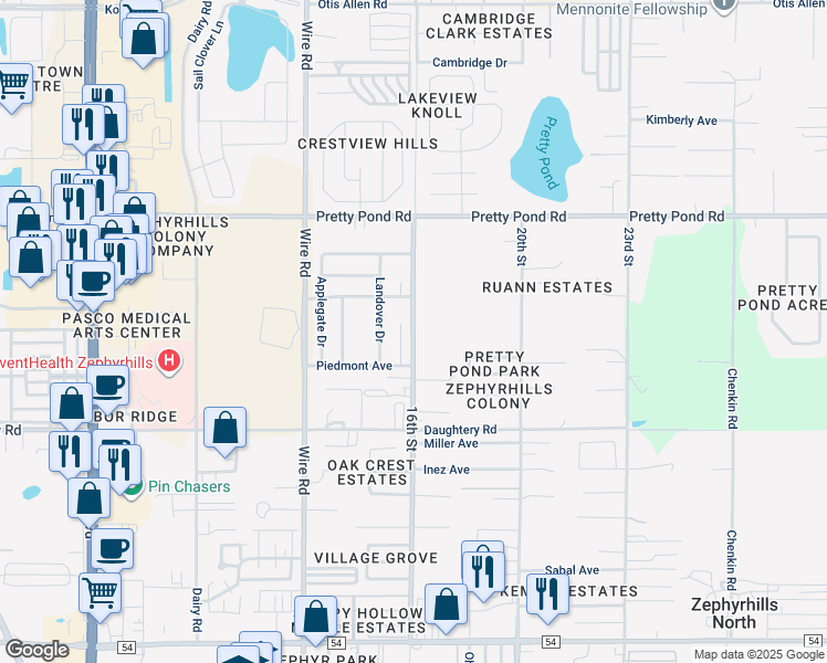 map of restaurants, bars, coffee shops, grocery stores, and more near 7202 16th Street in Zephyrhills