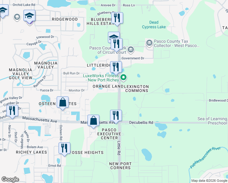 map of restaurants, bars, coffee shops, grocery stores, and more near 8417 Anay Court in New Port Richey