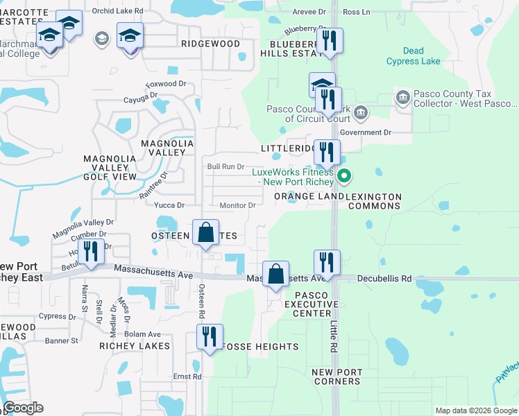 map of restaurants, bars, coffee shops, grocery stores, and more near 7251 Knoll Drive in New Port Richey