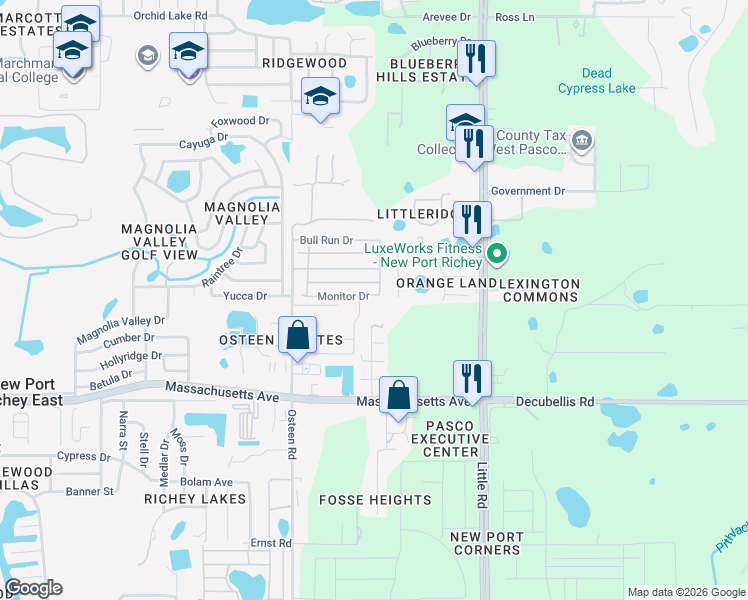 map of restaurants, bars, coffee shops, grocery stores, and more near 7251 Knoll Drive in New Port Richey