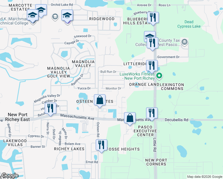 map of restaurants, bars, coffee shops, grocery stores, and more near 8134 Stony Bridge Drive in New Port Richey