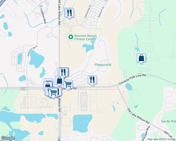 map of restaurants, bars, coffee shops, grocery stores, and more near 7465 Excitement Drive in Kissimmee