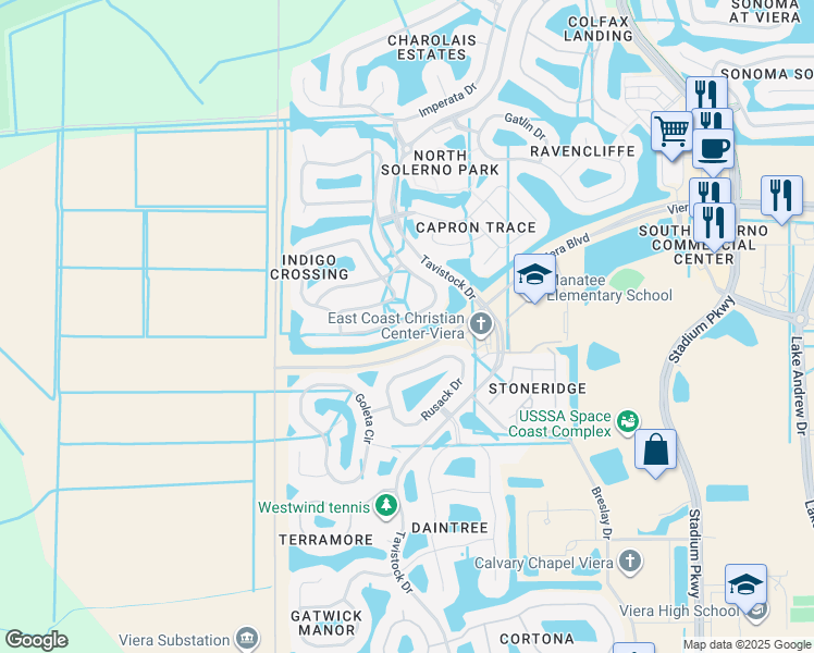 map of restaurants, bars, coffee shops, grocery stores, and more near 5946 Indigo Crossing Drive in Rockledge