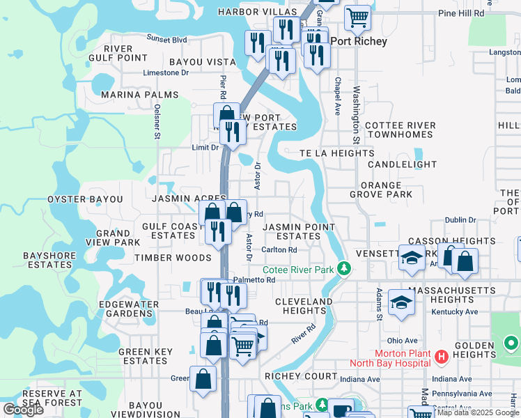 map of restaurants, bars, coffee shops, grocery stores, and more near 7341 Jasmin Drive in New Port Richey