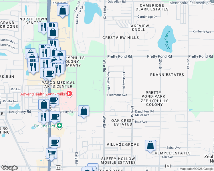 map of restaurants, bars, coffee shops, grocery stores, and more near 7234 Applegate Drive in Zephyrhills