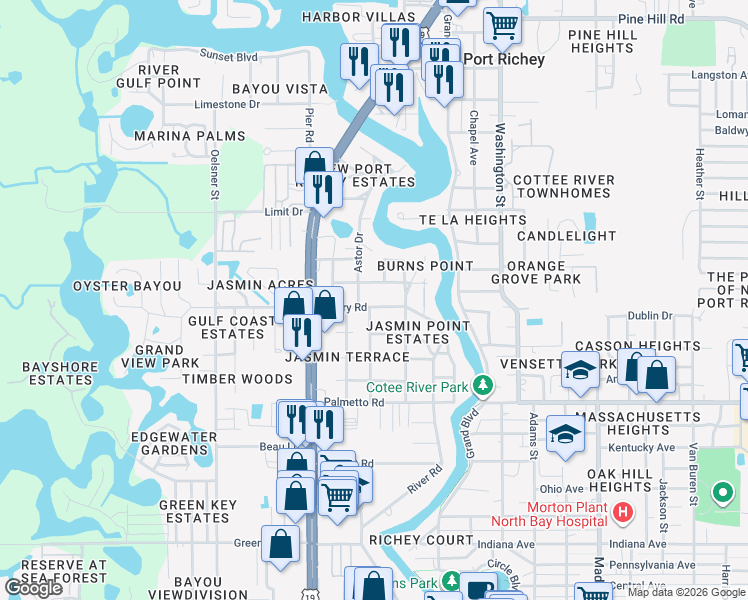 map of restaurants, bars, coffee shops, grocery stores, and more near 7341 Jasmin Drive in New Port Richey