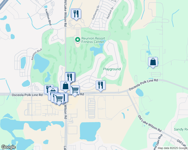 map of restaurants, bars, coffee shops, grocery stores, and more near 7451 Excitement Drive in Osceola County