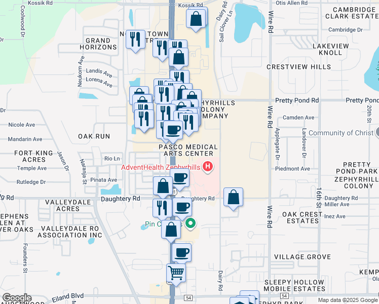 map of restaurants, bars, coffee shops, grocery stores, and more near 38112 Townview Avenue in Zephyrhills