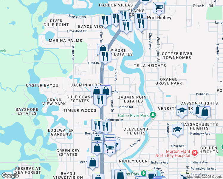 map of restaurants, bars, coffee shops, grocery stores, and more near 7250 Court Drive in Port Richey