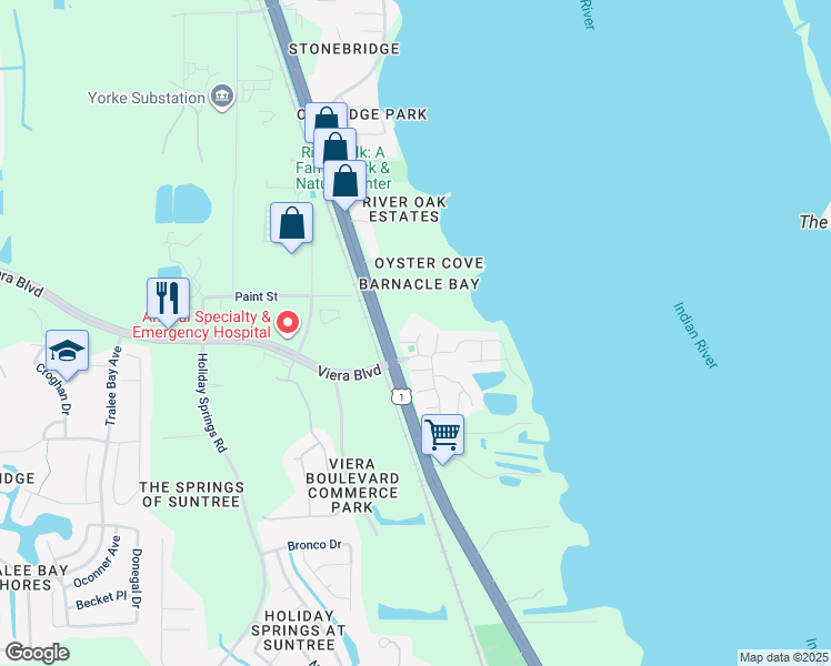 map of restaurants, bars, coffee shops, grocery stores, and more near 178 Bluefish Place in Rockledge