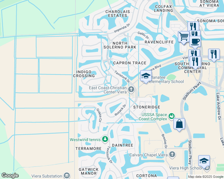 map of restaurants, bars, coffee shops, grocery stores, and more near 5947 Indigo Crossing Drive in Rockledge