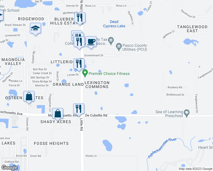 map of restaurants, bars, coffee shops, grocery stores, and more near 8706 Corinthian Way in New Port Richey