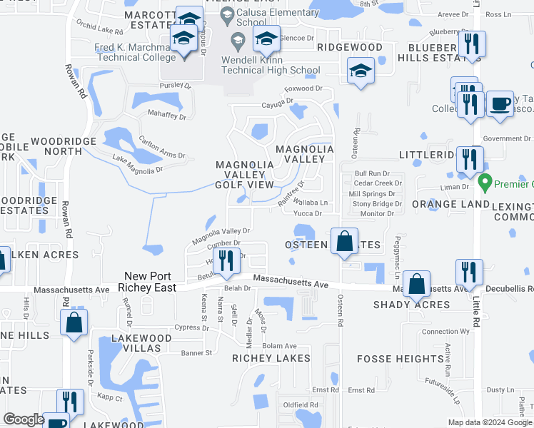 map of restaurants, bars, coffee shops, grocery stores, and more near 7239 Redbud Court in Port Richey