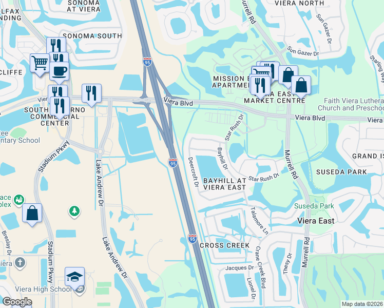 map of restaurants, bars, coffee shops, grocery stores, and more near 2467 Deercroft Drive in Melbourne