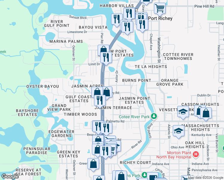 map of restaurants, bars, coffee shops, grocery stores, and more near 7250 Court Drive in Port Richey