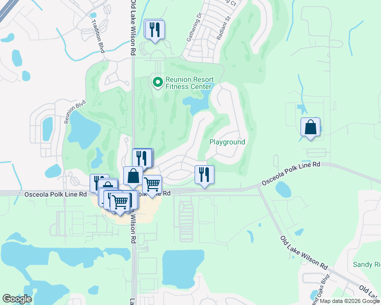 map of restaurants, bars, coffee shops, grocery stores, and more near 7451 Excitement Drive in Osceola County