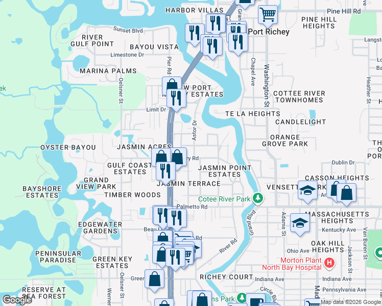 map of restaurants, bars, coffee shops, grocery stores, and more near 7235 Astor Drive in New Port Richey