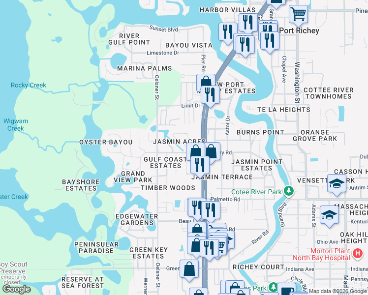 map of restaurants, bars, coffee shops, grocery stores, and more near 7243 Royal Palm Drive in New Port Richey