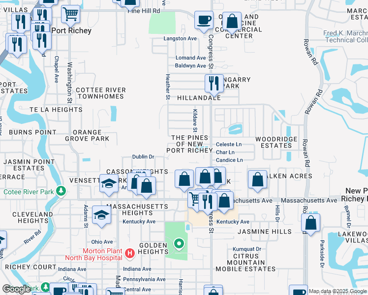map of restaurants, bars, coffee shops, grocery stores, and more near 6321 Emerson Drive in New Port Richey
