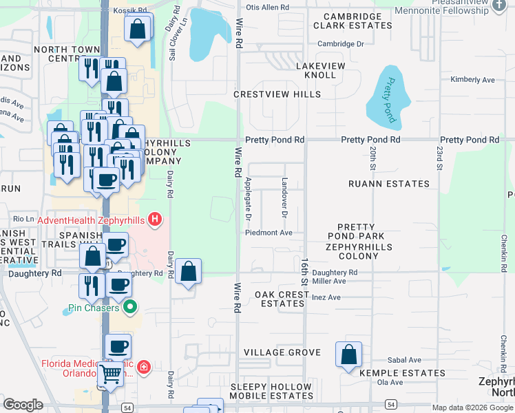 map of restaurants, bars, coffee shops, grocery stores, and more near 7234 Applegate Drive in Zephyrhills