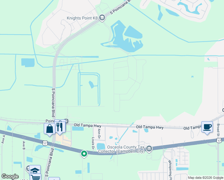 map of restaurants, bars, coffee shops, grocery stores, and more near South Rail Avenue in Kissimmee