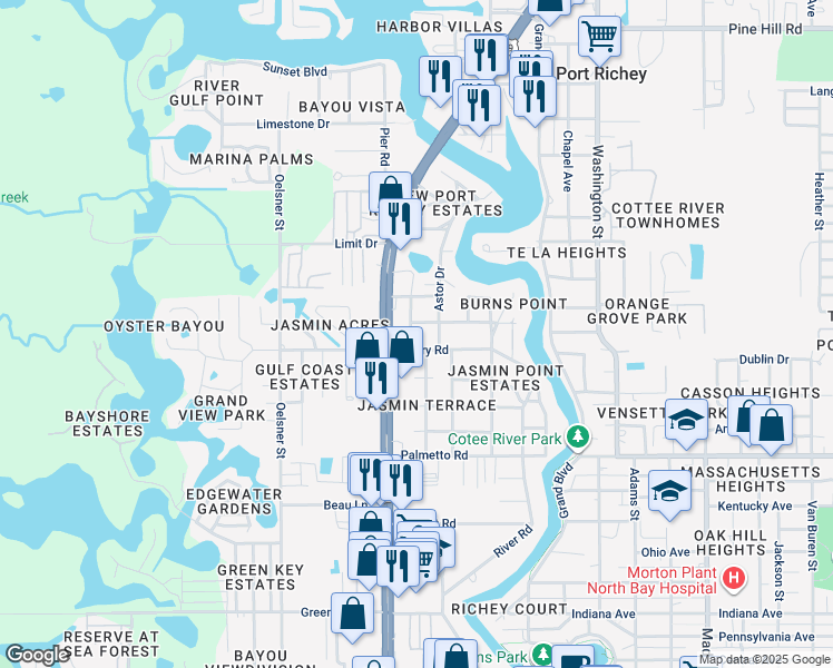 map of restaurants, bars, coffee shops, grocery stores, and more near 7250 Court Drive in Port Richey