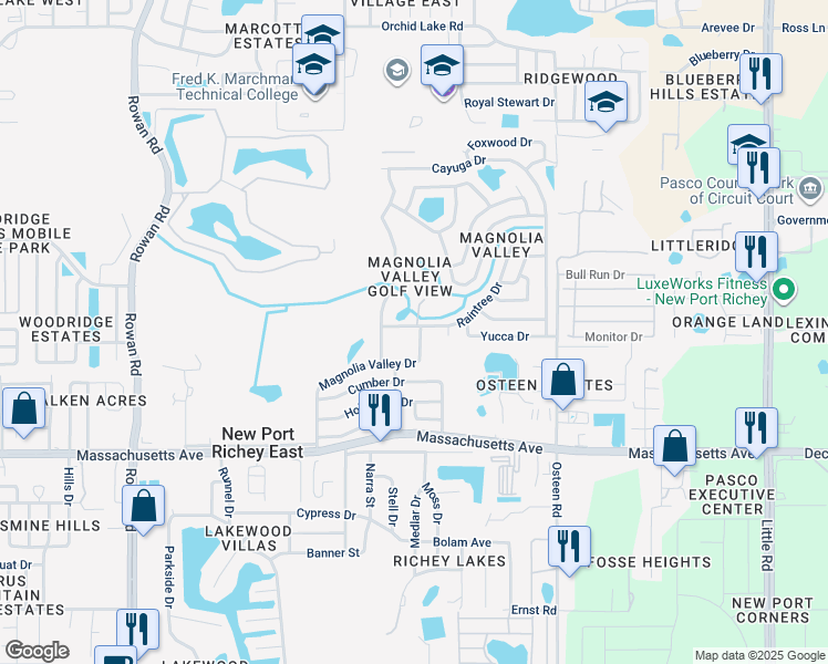 map of restaurants, bars, coffee shops, grocery stores, and more near 7630 Raintree Drive in New Port Richey
