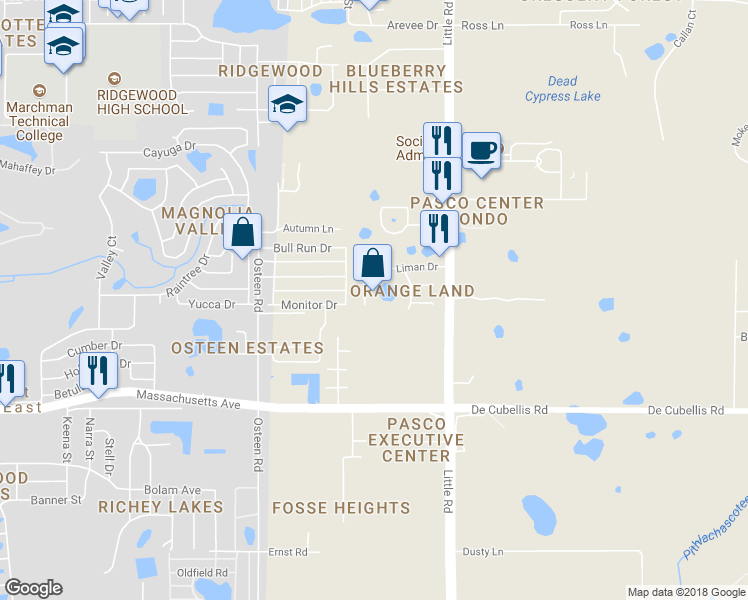 map of restaurants, bars, coffee shops, grocery stores, and more near 7244 Knoll Drive in New Port Richey