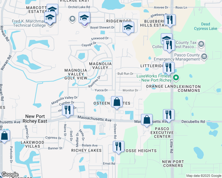 map of restaurants, bars, coffee shops, grocery stores, and more near 7935 Yucca Drive in New Port Richey