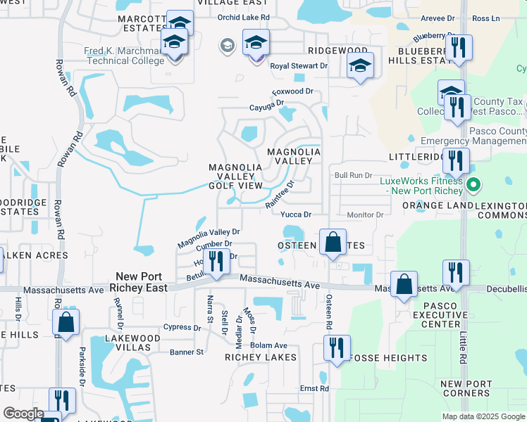 map of restaurants, bars, coffee shops, grocery stores, and more near 7741 Yucca Drive in New Port Richey