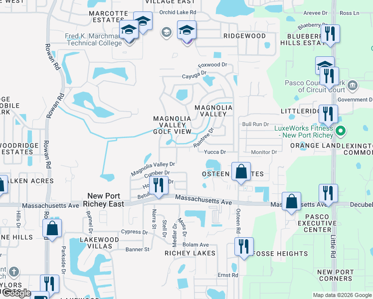 map of restaurants, bars, coffee shops, grocery stores, and more near 7245 Redbud Court in New Port Richey