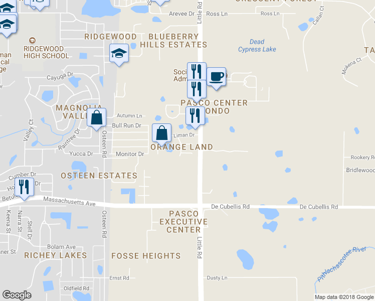 map of restaurants, bars, coffee shops, grocery stores, and more near 8417 Anay Court in New Port Richey