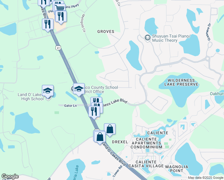map of restaurants, bars, coffee shops, grocery stores, and more near 7237 Cleopatra Drive in Land O' Lakes