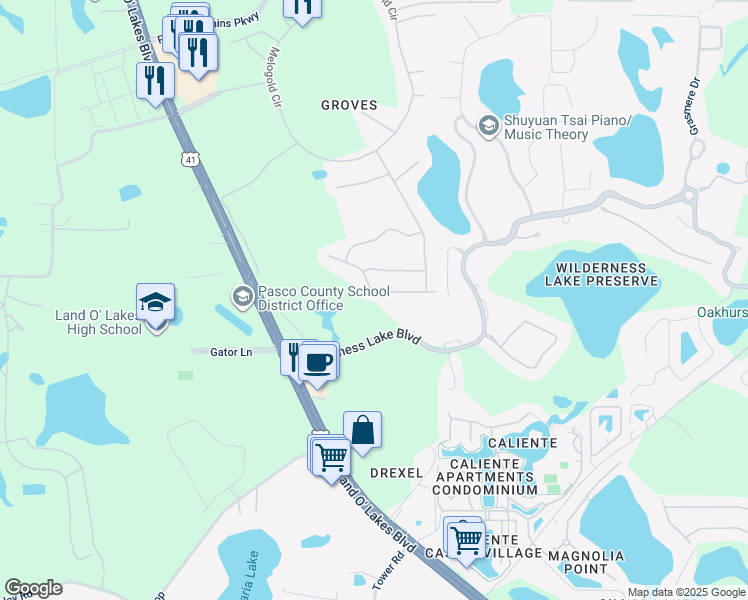 map of restaurants, bars, coffee shops, grocery stores, and more near 7237 Cleopatra Drive in Land O' Lakes