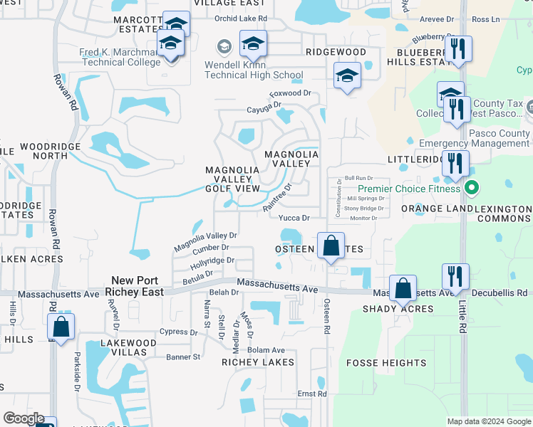 map of restaurants, bars, coffee shops, grocery stores, and more near 7742 Yucca Drive in New Port Richey