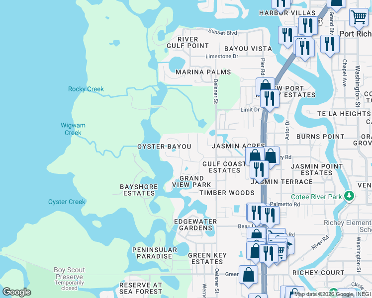 map of restaurants, bars, coffee shops, grocery stores, and more near 7252 Dianne Drive in Port Richey