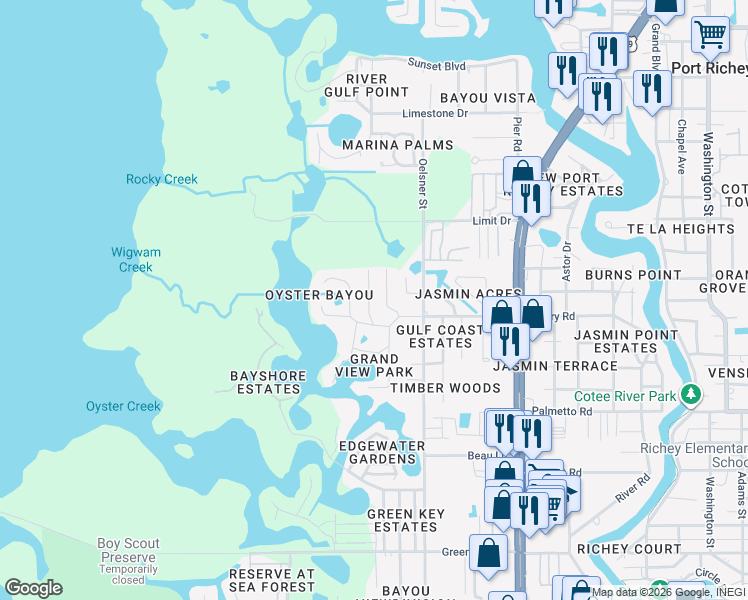 map of restaurants, bars, coffee shops, grocery stores, and more near 7252 Dianne Drive in Port Richey