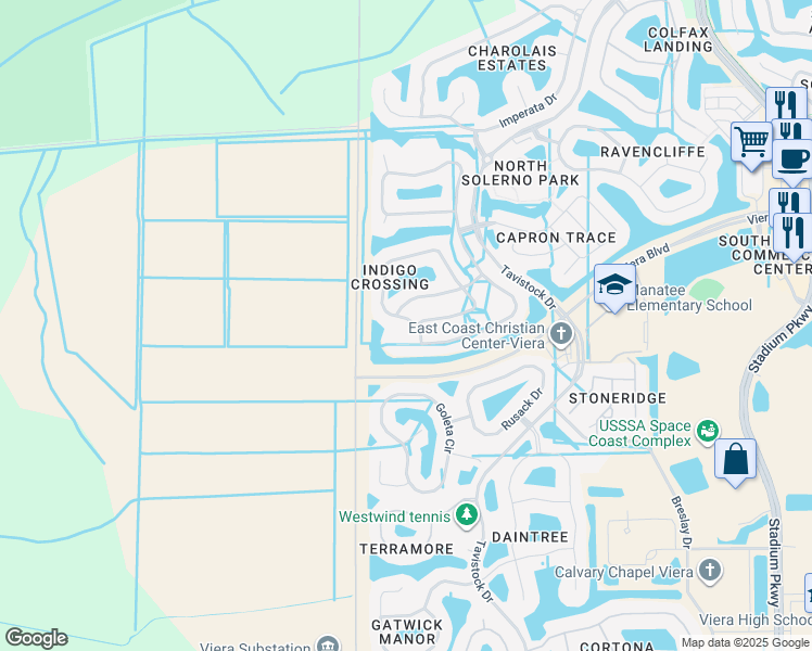 map of restaurants, bars, coffee shops, grocery stores, and more near 5259 Duskywing Drive in Rockledge