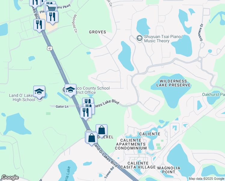 map of restaurants, bars, coffee shops, grocery stores, and more near 7211 Cleopatra Drive in Land O' Lakes